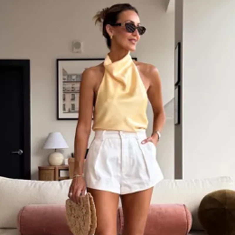 HXAO haut femmes licou Satin haut pour femme dos nu haut Corset gilet jaune rose noir été élégant Sexy hauts débardeur robes