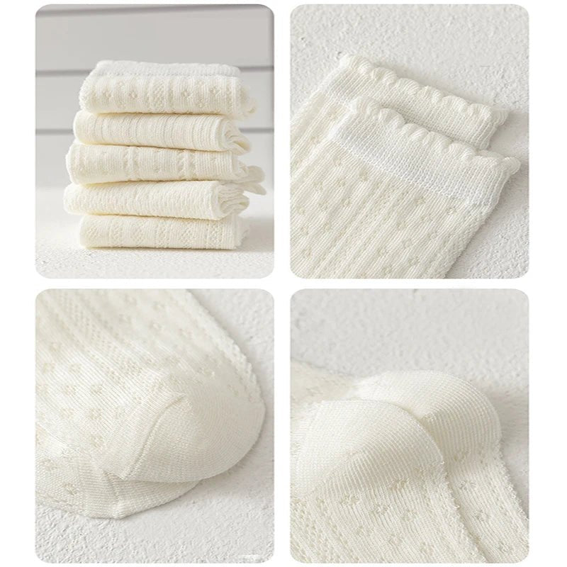 5 Pairs Color Solid Mesh Children Gils Mid-calf Socks Concise Trendy Casual Breathable Cotton Combed Cozy Soft Elastic Kids Sock