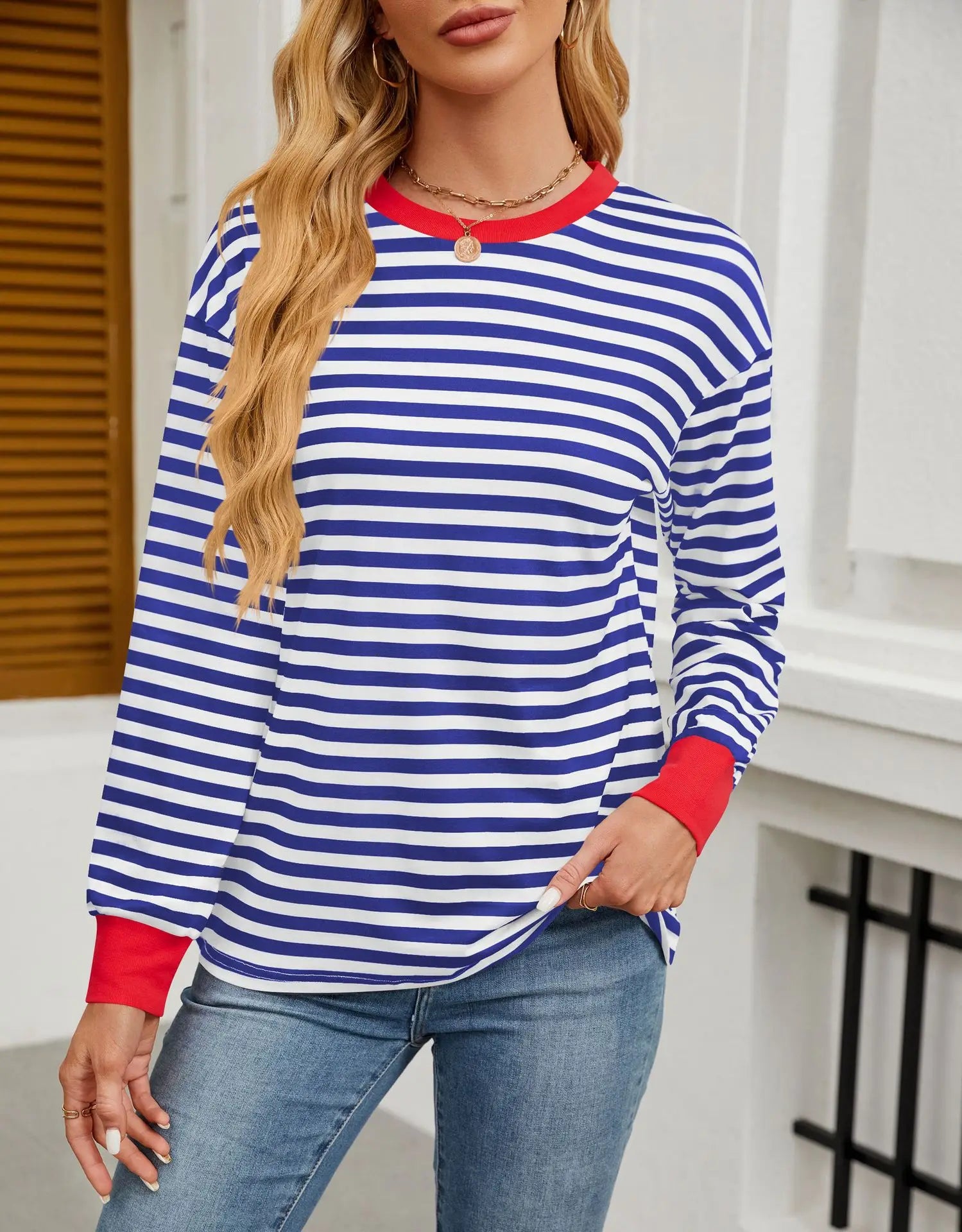 2025 Spring Women's Striped T-shirt Long Sleeve O-neck Color-blocking Fashion Top Versatile College Casual Street Tees