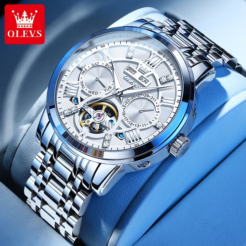 OLEVS montres pour hommes Skeketon volant automatique mécanique montre-bracelet originale pour homme étanche lumineux calendrier perpétuel
