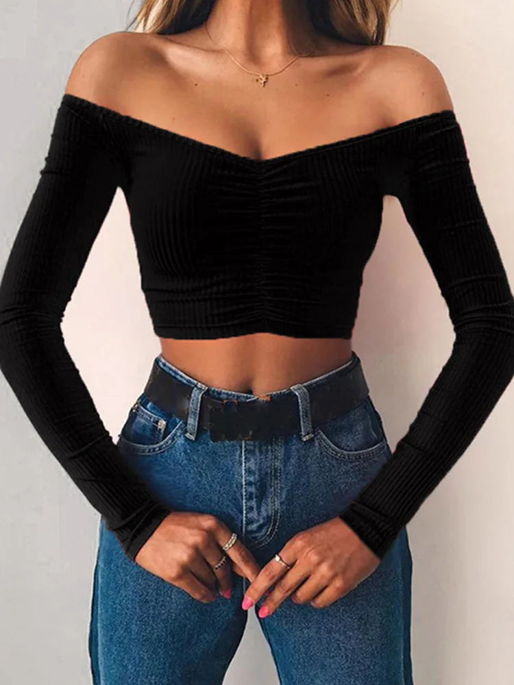 Women's Sexy Club Fashion T-Shirts Long Sleeve Off-Shoulder Solid Color Ladies T-shirts Autumn Basic Tees