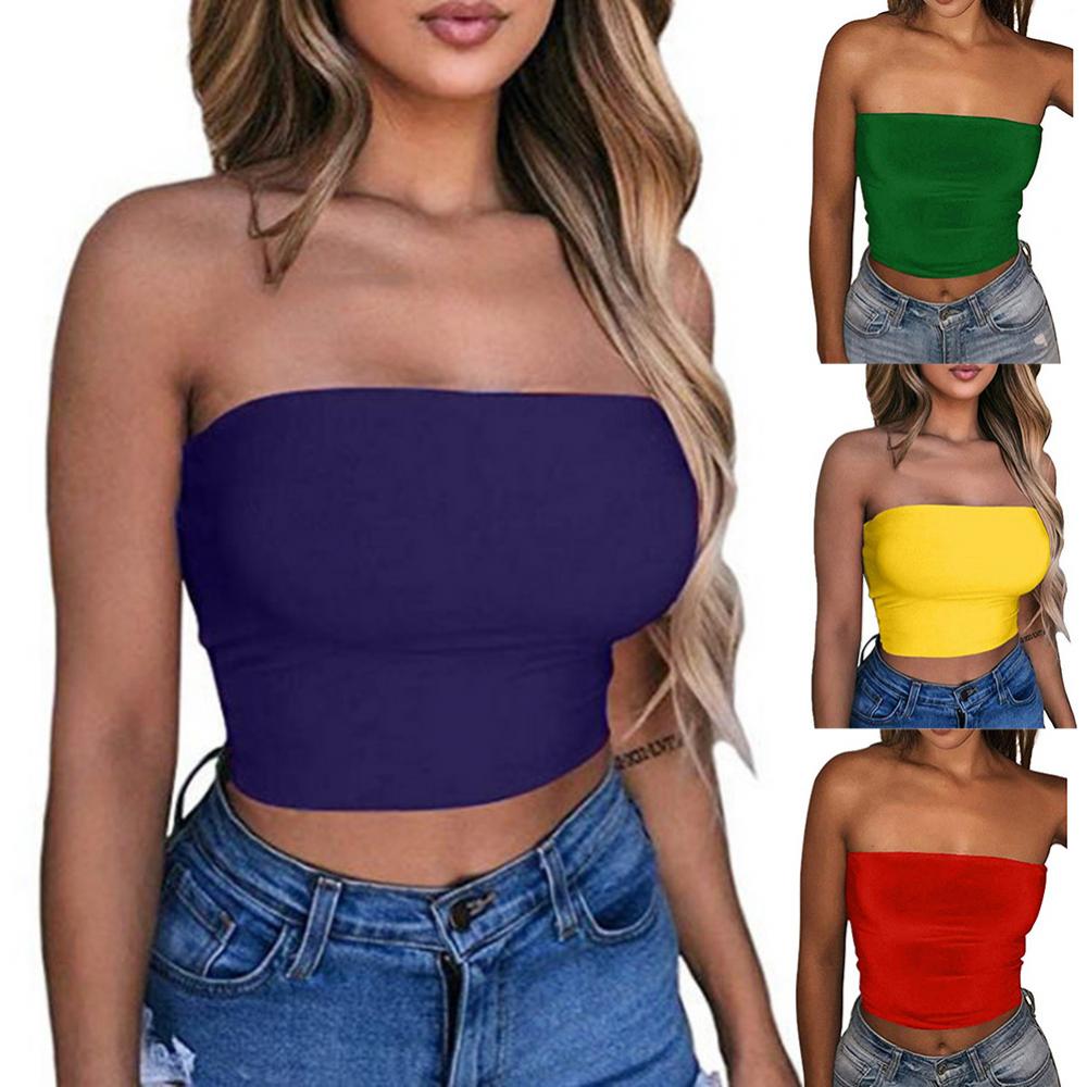 Club Bar Women Sexy Solid Color Vest Strapless Cropped Mini Bustier Slim Elastic Tube Top