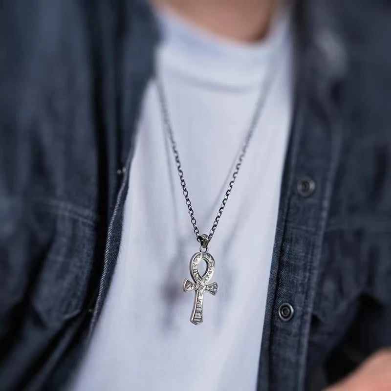 Ancient Egyptian Pharaoh Life Anka Cross Stainless Steel Necklace Anubis Totem Pendant Men\'s Amulet Jewelry Leather Rope Chain