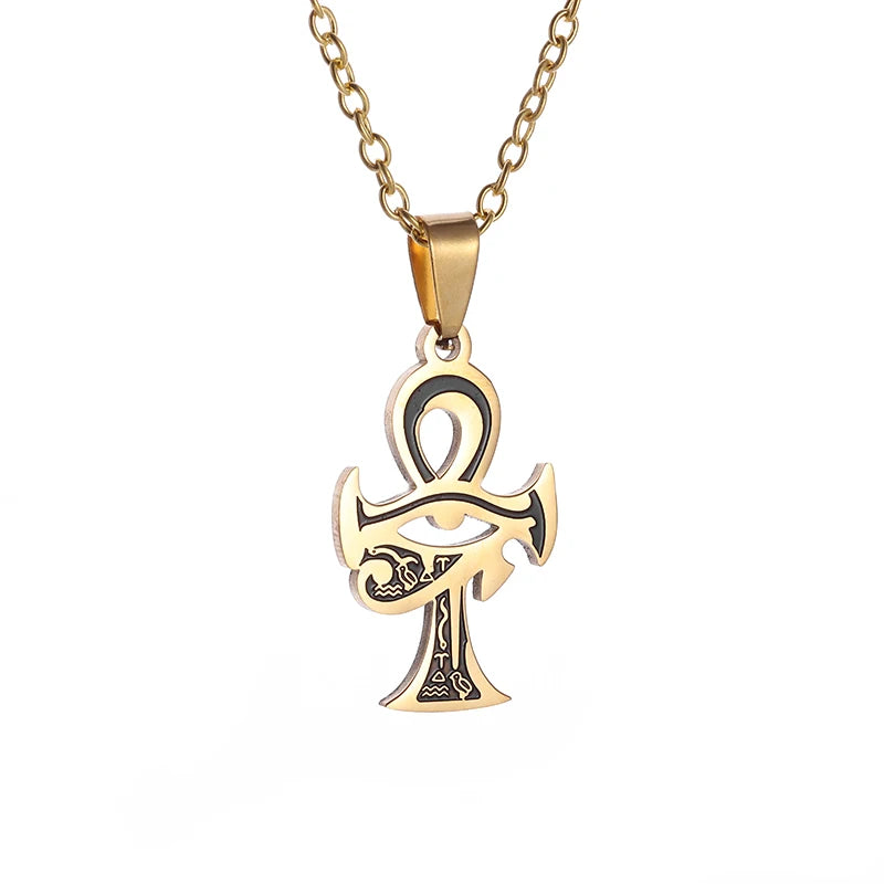 Ancient Egyptian Pharaoh Life Anka Cross Stainless Steel Necklace Anubis Totem Pendant Men\'s Amulet Jewelry Leather Rope Chain