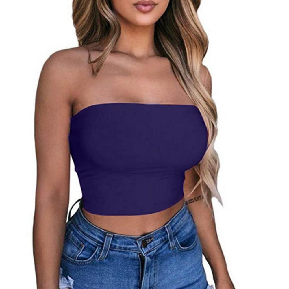 Club Bar Women Sexy Solid Color Vest Strapless Cropped Mini Bustier Slim Elastic Tube Top