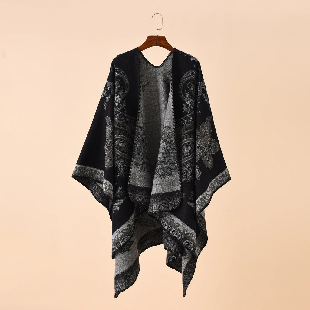 2025 Autumn Winter New Street Geometric Lattice Flower Pattern Imitation Cashmere Warm Shawl Cloak Women Poncho Capes Red