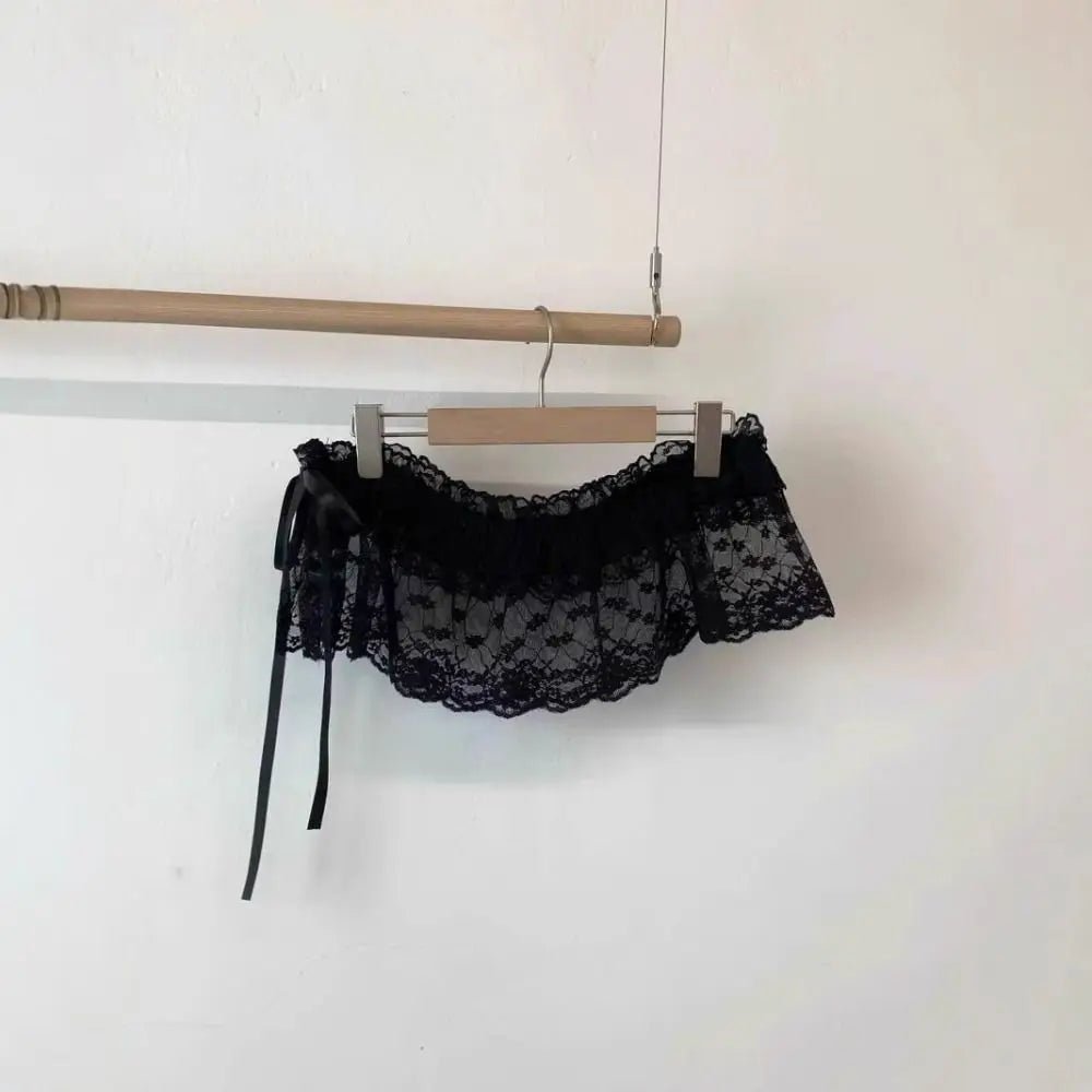 New Embroidered Flower Lace Mini Skirt See Through Y2K Streetwear Ruched Skirts Harajuku Butt Curtain Jeans Decoration