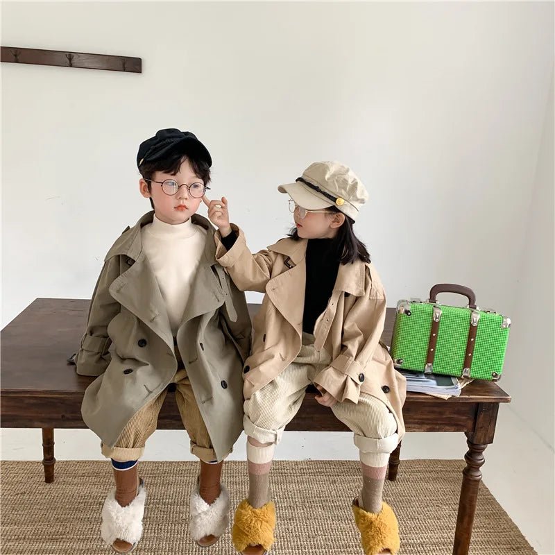 2025 Spring Children's Trench Coat Jacket Long Trench Coat Lapel