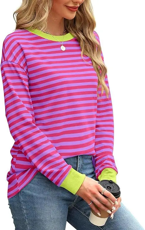 2025 Spring Women's Striped T-shirt Long Sleeve O-neck Color-blocking Fashion Top Versatile College Casual Street Tees