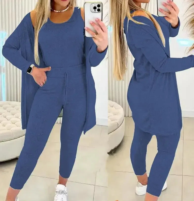 Ensemble trois pièces pour femmes, Cardigan, haut et pantalon, couleur unie, Simple, mode voyage, rue, été 2024