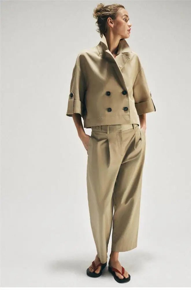 Short A-Line Windbreaker with Cuffed Sleeves Double-Breasted Closure Back Elastic Band Detail Polyester Cotton Blend ...