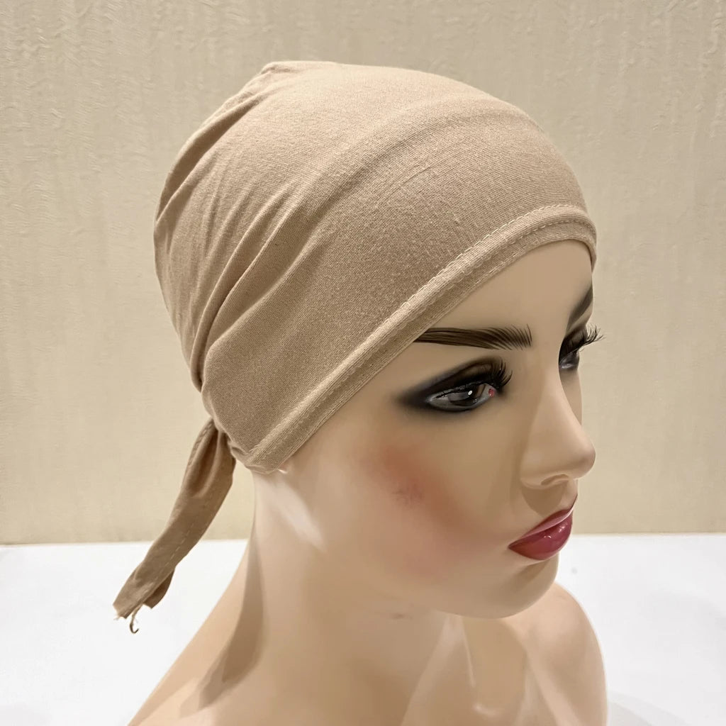 H048 Plain Cotton tie back hats Muslim Turban Pure Color Stretch Inner Hijabs underscarf Women Head Scarf Under Hijab Bonnet