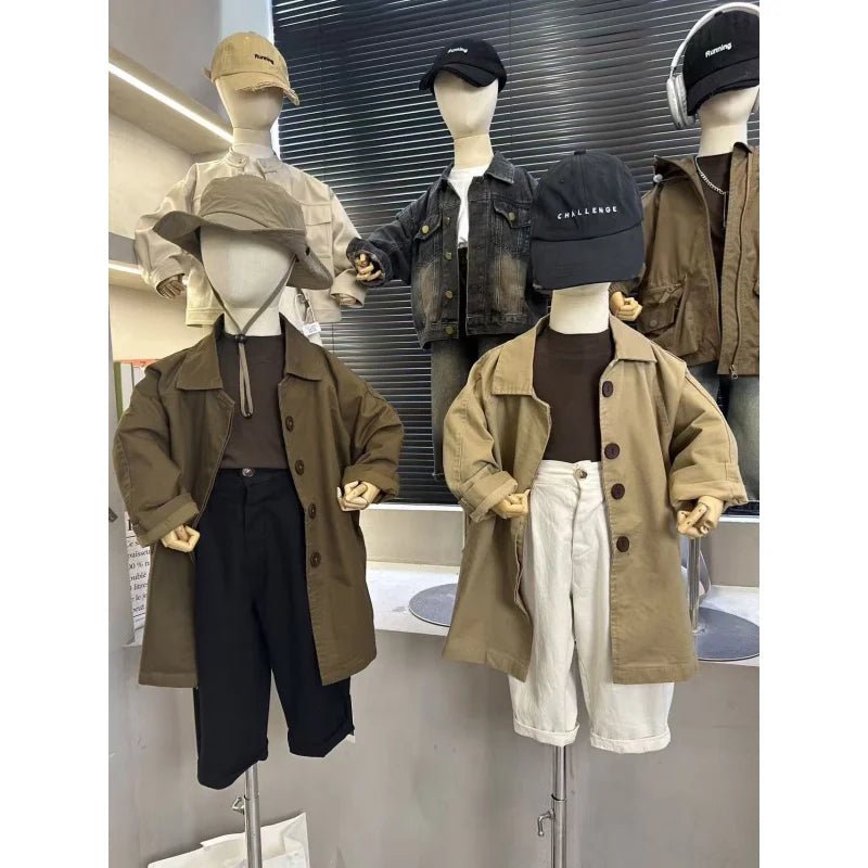 Spring Fall New Boys Girls Solid Color Casual Trench Coat Children Fashion Mid-Length Windbreaker Kids Single Breasted Clothes