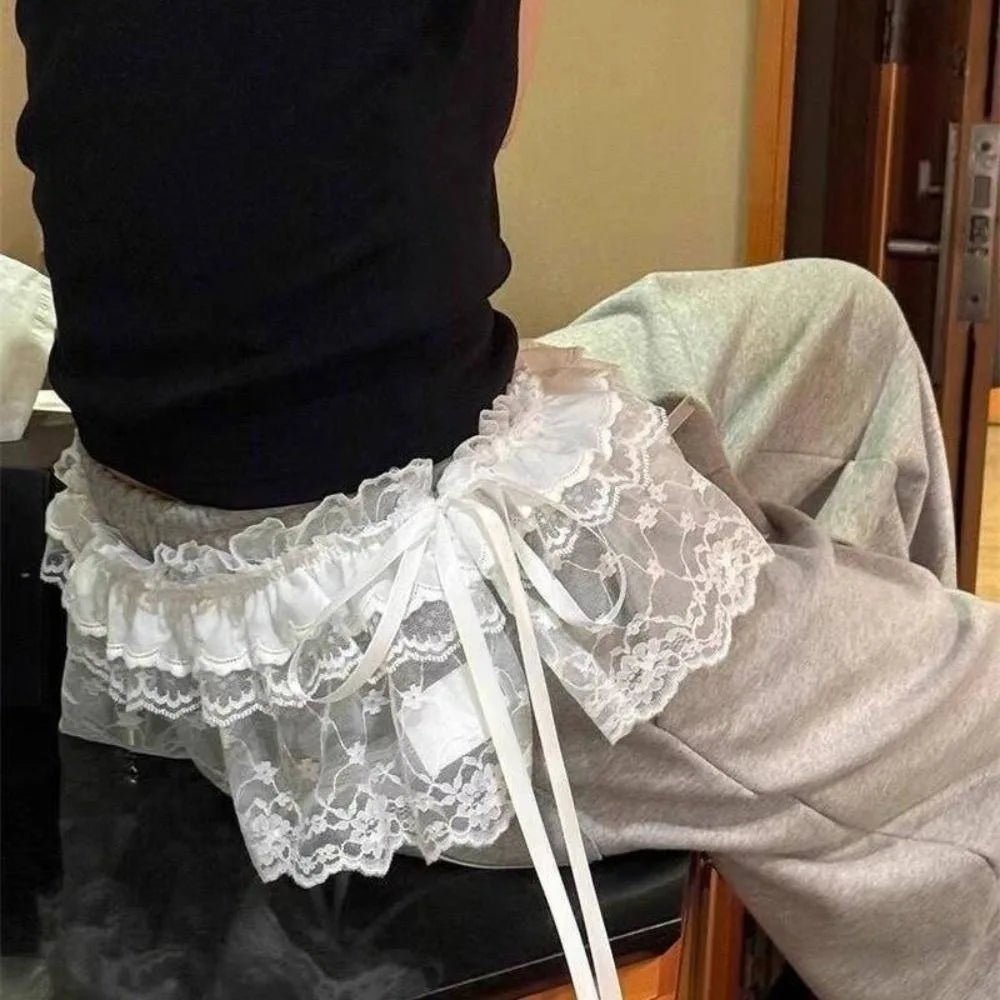 New Embroidered Flower Lace Mini Skirt See Through Y2K Streetwear Ruched Skirts Harajuku Butt Curtain Jeans Decoration