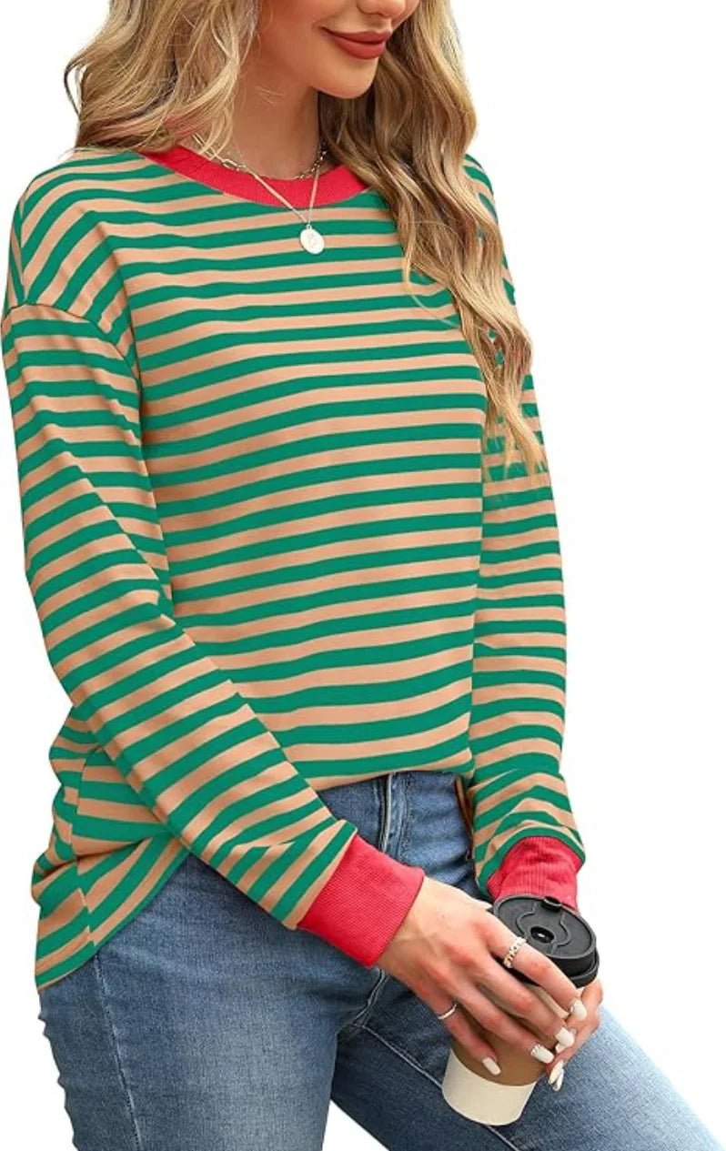 2025 Spring Women's Striped T-shirt Long Sleeve O-neck Color-blocking Fashion Top Versatile College Casual Street Tees