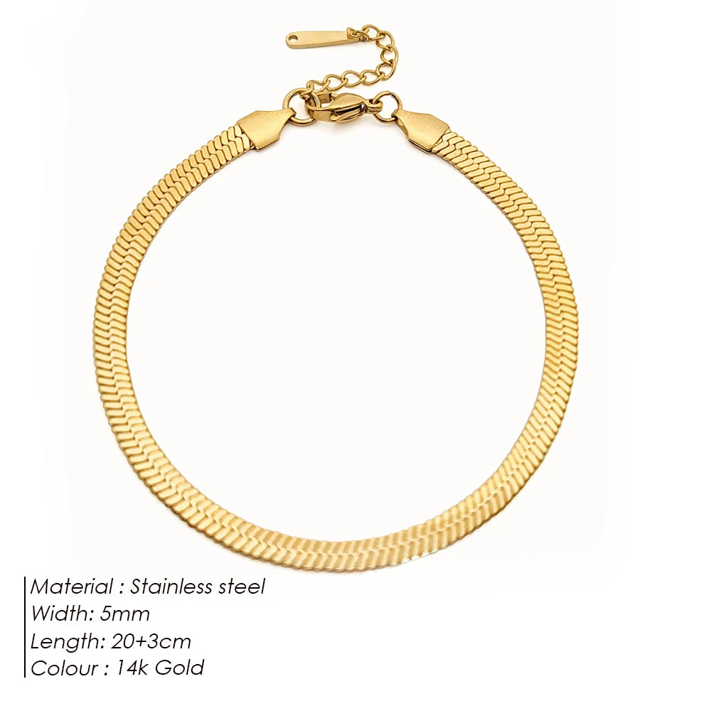 eManco Stainless Steel Flat Snake Chain Anklet 14K Gold Minimalist Ankle Bracelet Women Beach Daily Summer Jewelry Gifts