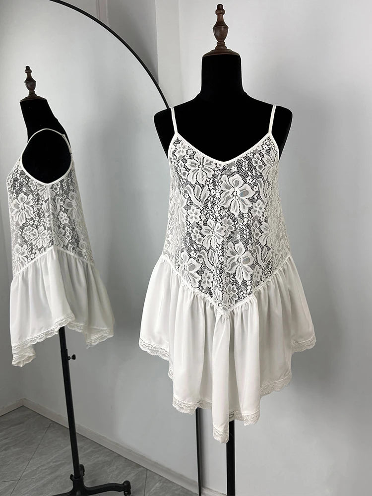 Tornova Lace Splice Sling Vest T-shirt Lady Irregular See Through Sexy Top V-neck Hot Girl Casual Party Commuting Tanks Fashion
