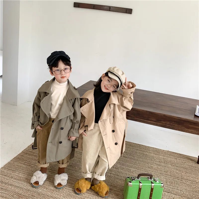 2025 Spring Children's Trench Coat Jacket Long Trench Coat Lapel