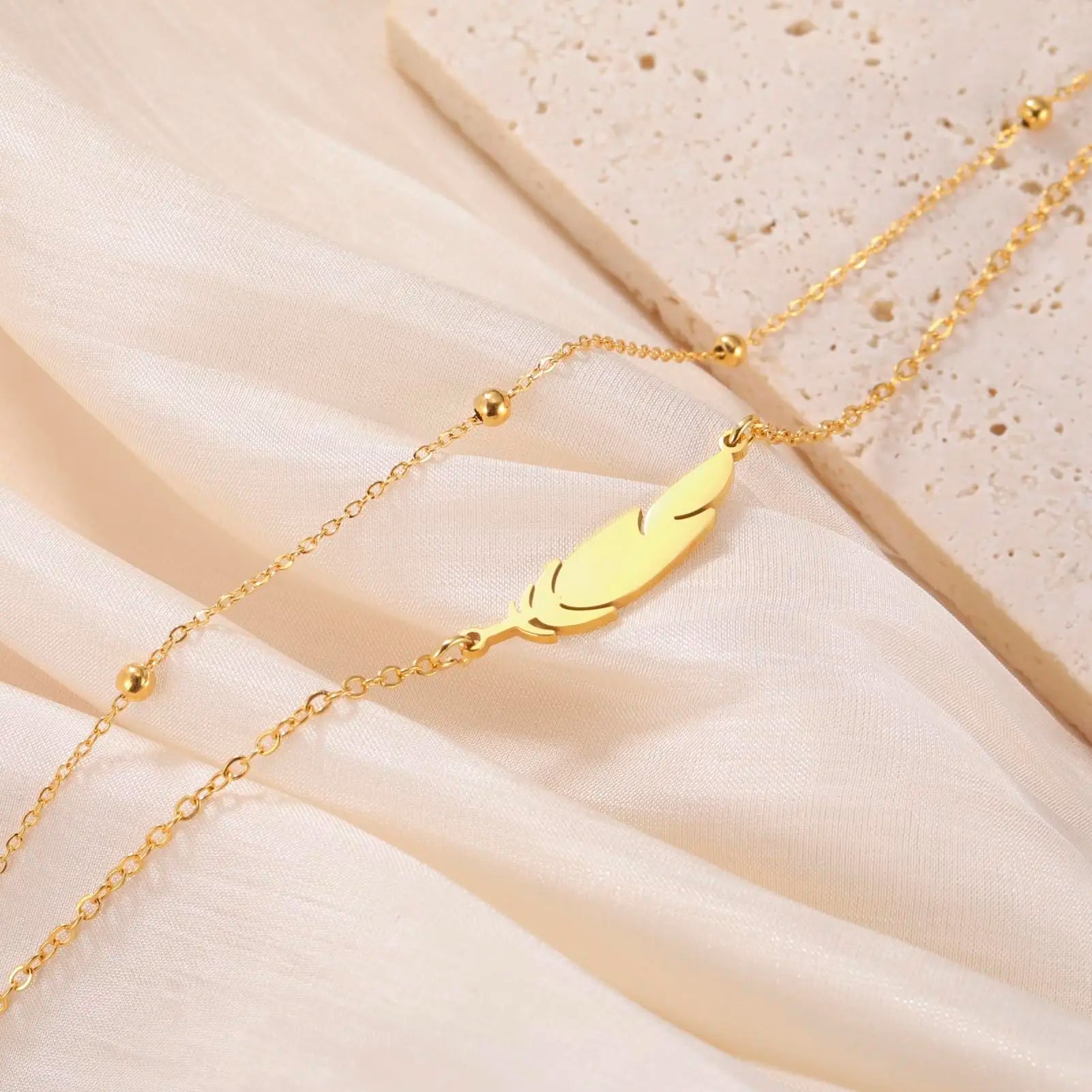 Dreamtimes  Anklets Women's Foot Chain  Feather Stainless Steel Double Foot Chain Beach Style Boho Anklet Jewellery Accessories