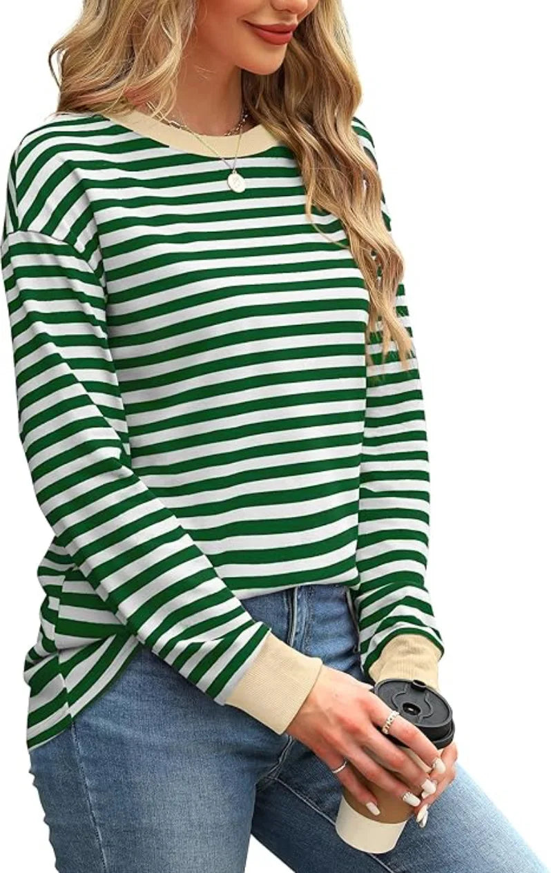 2025 Spring Women's Striped T-shirt Long Sleeve O-neck Color-blocking Fashion Top Versatile College Casual Street Tees