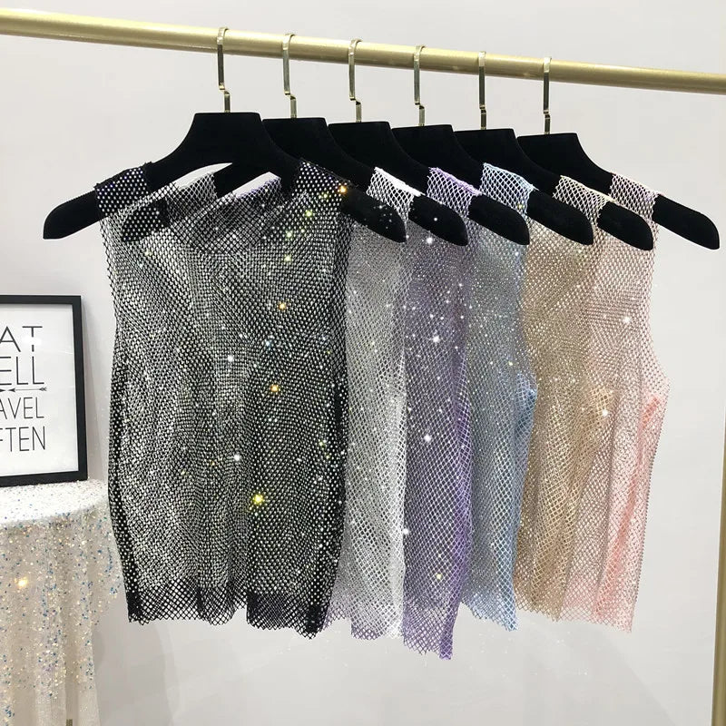 Débardeur brillant avec perles de cristal, Club de fête, Sexy, ajouré, diamants estampage, Camis Winky, gilet sans manches