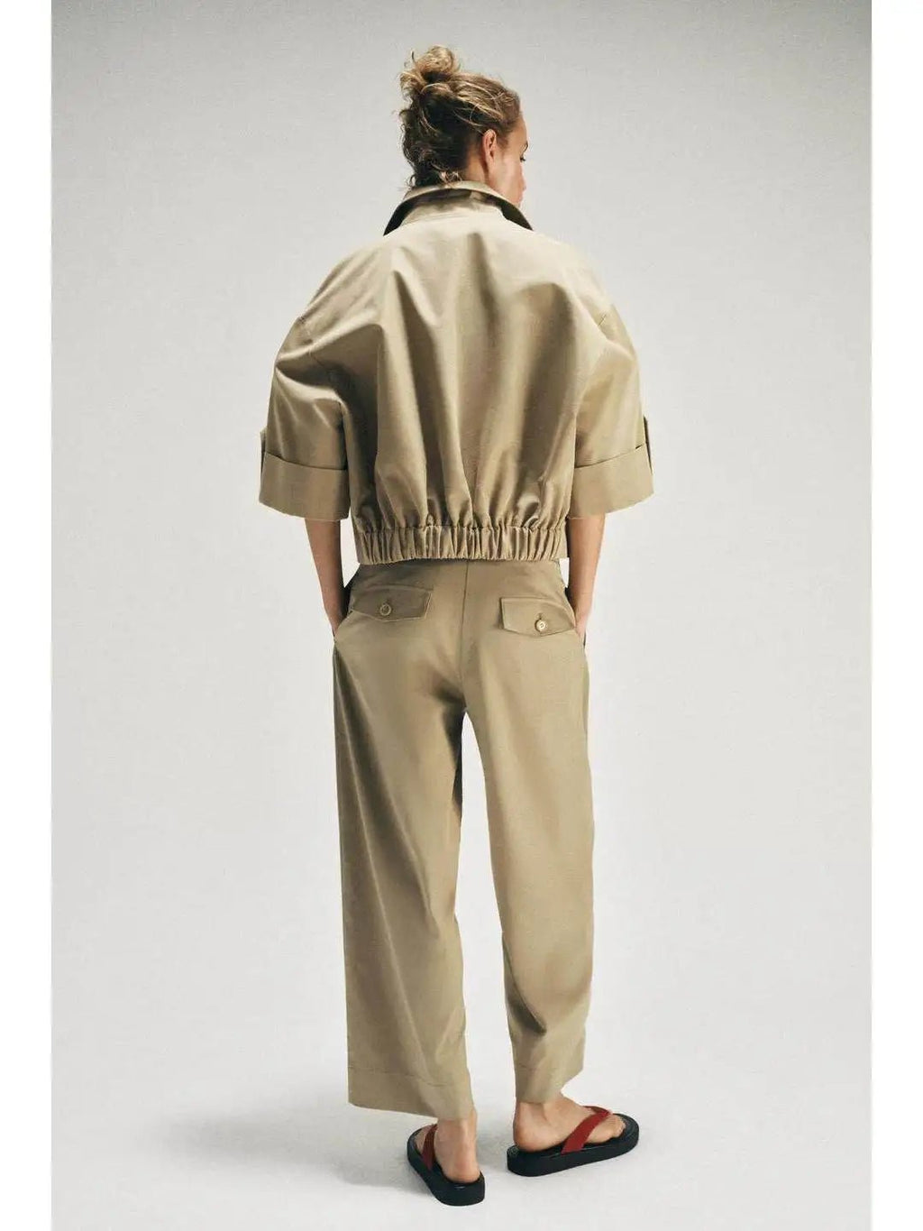 Short A-Line Windbreaker with Cuffed Sleeves Double-Breasted Closure Back Elastic Band Detail Polyester Cotton Blend ...