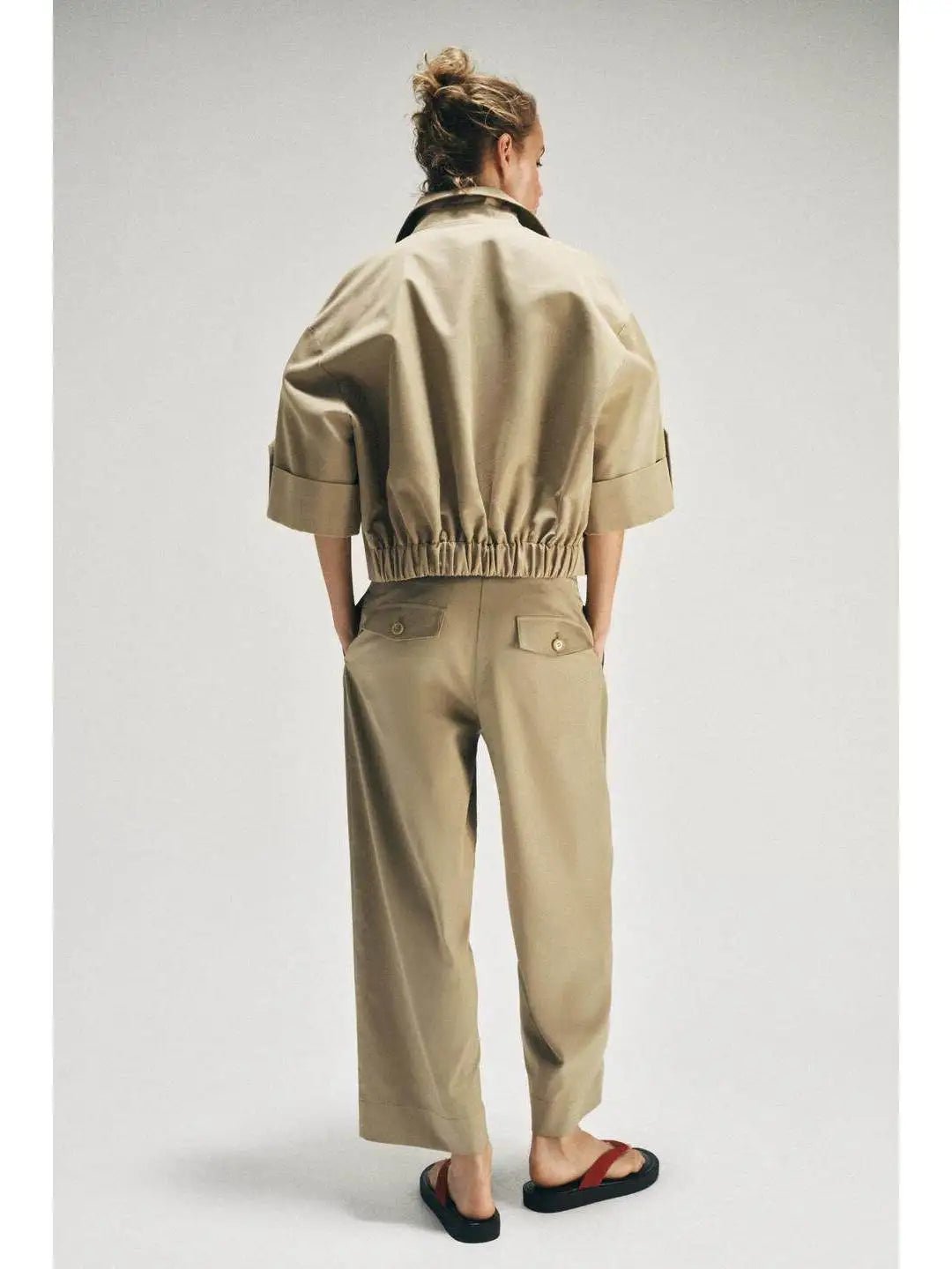 Short A-Line Windbreaker with Cuffed Sleeves Double-Breasted Closure Back Elastic Band Detail Polyester Cotton Blend ...