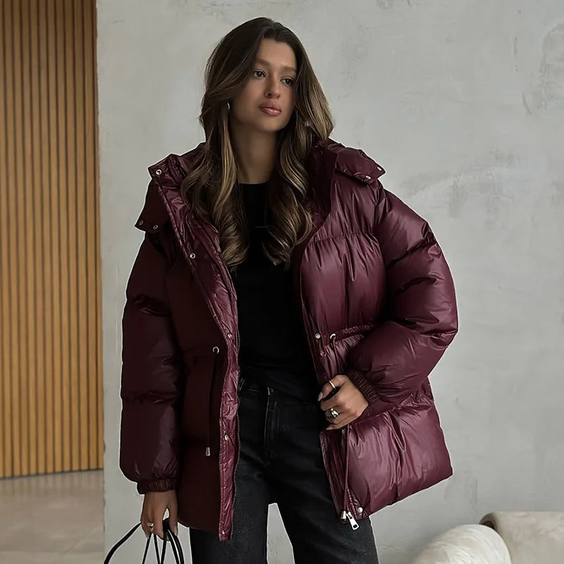 Street Drawstring Detachable Hooded Cotton Coats Women Stand Collar Full Sleeve Lace Up Slim Waist Coat 2025 Winter Warm Outwear