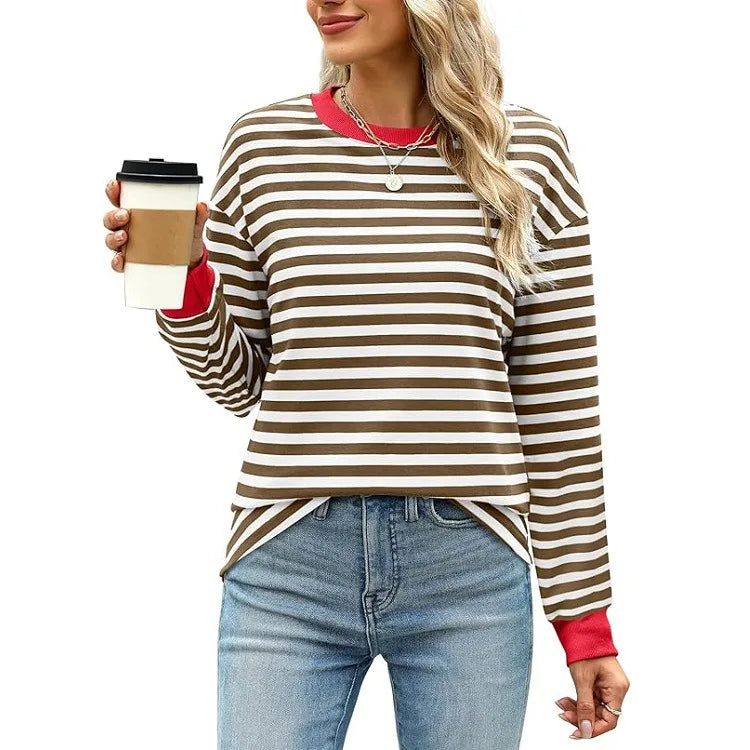 2025 Spring Women's Striped T-shirt Long Sleeve O-neck Color-blocking Fashion Top Versatile College Casual Street Tees