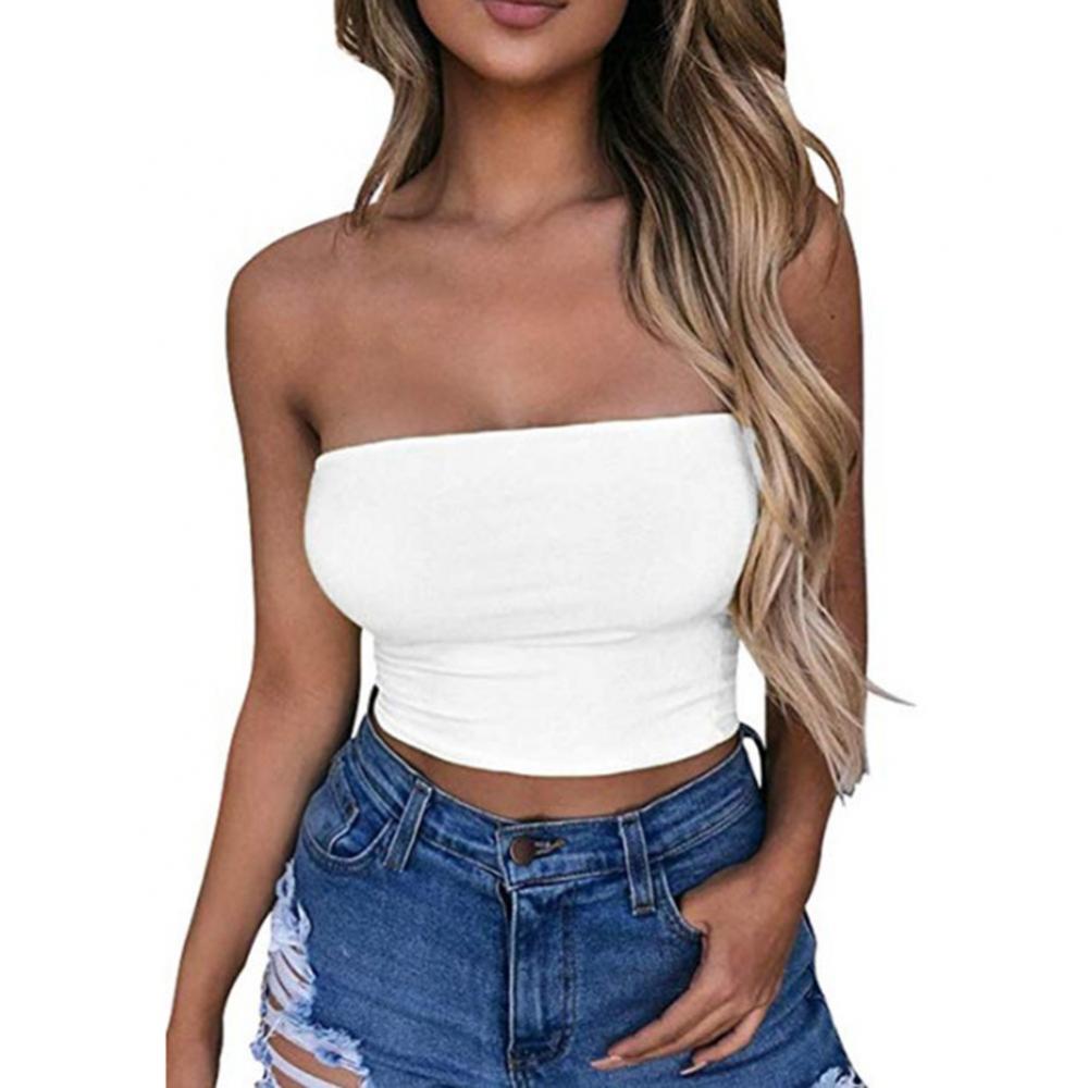 Club Bar Women Sexy Solid Color Vest Strapless Cropped Mini Bustier Slim Elastic Tube Top