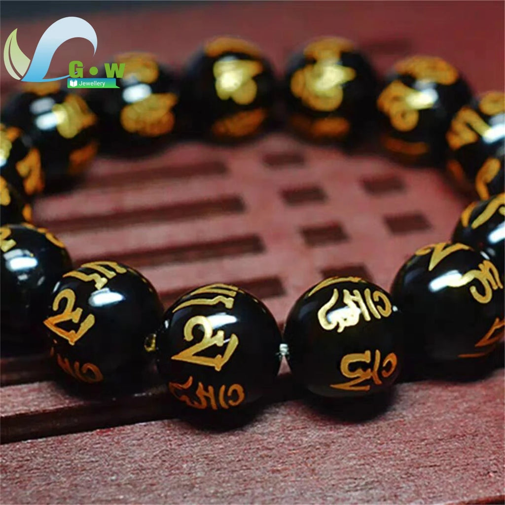 Lucky Natural Black Jade Carved Six-Character Motto Obsidian Transfer Bracelet For Men Women Gift Couple Bracelet Jewelry Gift