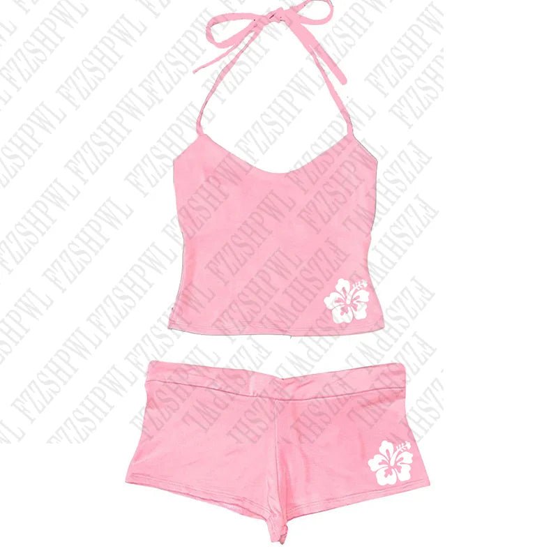 Y2K Women's Set Flower Print Sleeveless Halter Tank Top and Shorts Suit Summer Hot Girls Beach Style INS Two 2 Piece Set Outfit