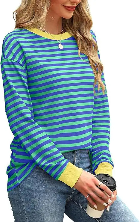 2025 Spring Women's Striped T-shirt Long Sleeve O-neck Color-blocking Fashion Top Versatile College Casual Street Tees