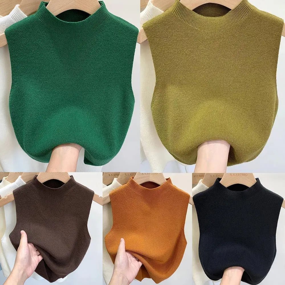 Hot Women's Vest Knitted Tank Top Solid Color Slim Sweater Half-turtleneck Spring Autumn Sleeveless T-Shirt Cropped Top Camisole
