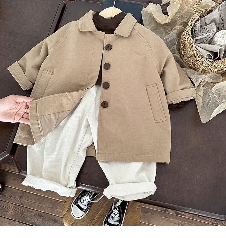 Kids Boys Girls Thin Jacket Coats 2025 New Arrival Children Csual Long Windbreaker Apricot Coffee Navy Spring Autumn Cotton Tops