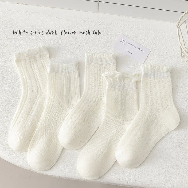 5 Pairs Color Solid Mesh Children Gils Mid-calf Socks Concise Trendy Casual Breathable Cotton Combed Cozy Soft Elastic Kids Sock