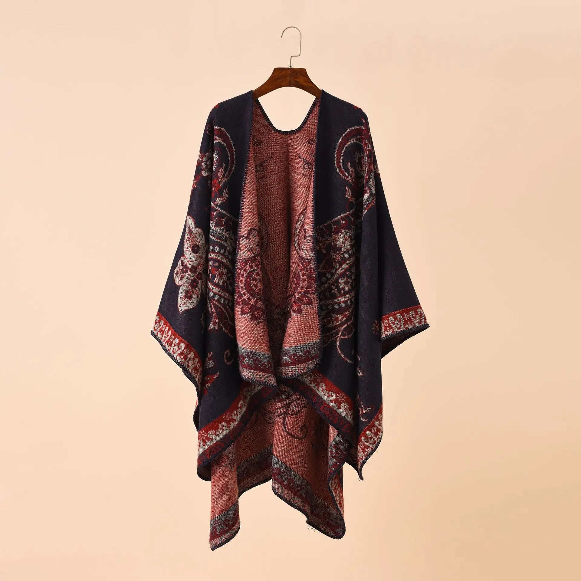 2025 Autumn Winter New Street Geometric Lattice Flower Pattern Imitation Cashmere Warm Shawl Cloak Women Poncho Capes Red