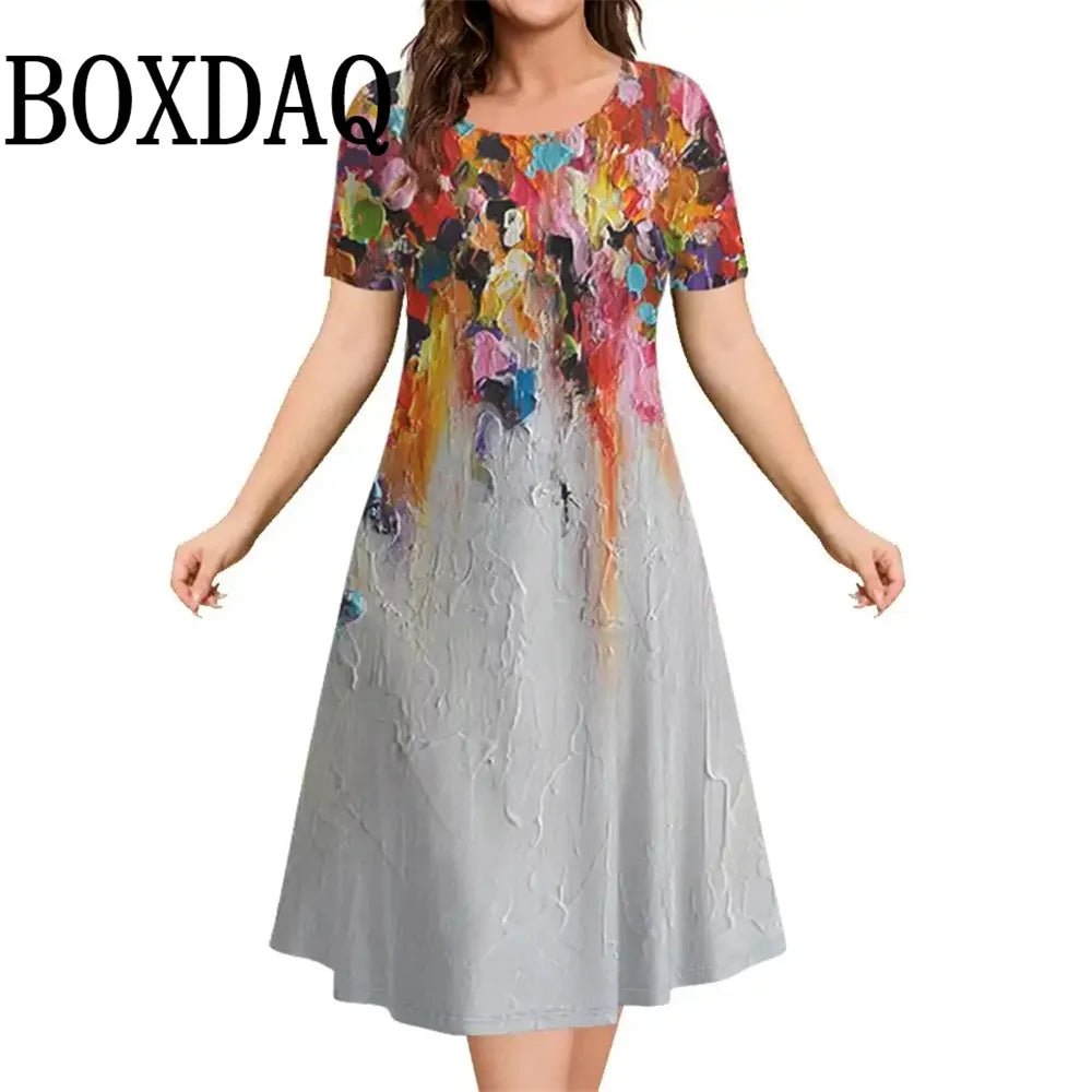 2025 New Women‘s Dresses 3D Flowers Pattern Print Short Sleeve Loose Dress Casual Fashion A-Line Dress Summer Plus Size Dresses
