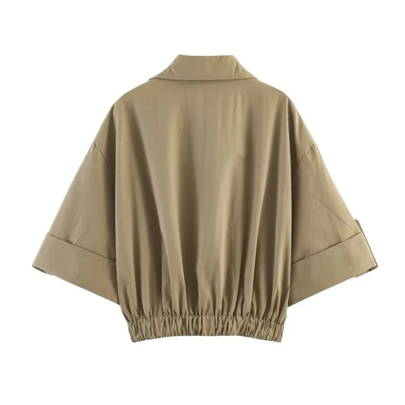 Women's Short Trench Coat New 2026 Spring Autumn Women Rolled-Up Sleeves Button Solid Color Elastic Waist Outerwear Female Tops