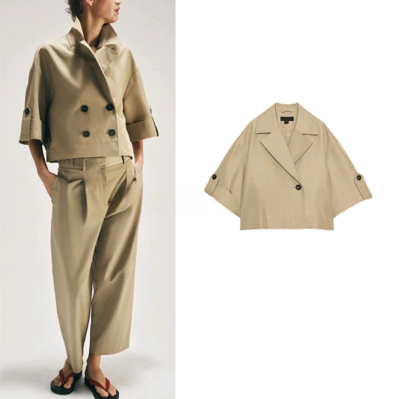 Spring Summer New Women's Simple Turn-down Collar Short Sleeve Double-breasted Short Length Windbreaker Jacket 3046229