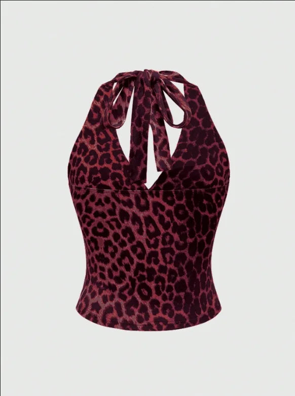 Top sans manches décontracté pour femmes, imprimé léopard rétro, dos nu, col halter, sexy, dos nu, à lacets, Ropa Para Mujer