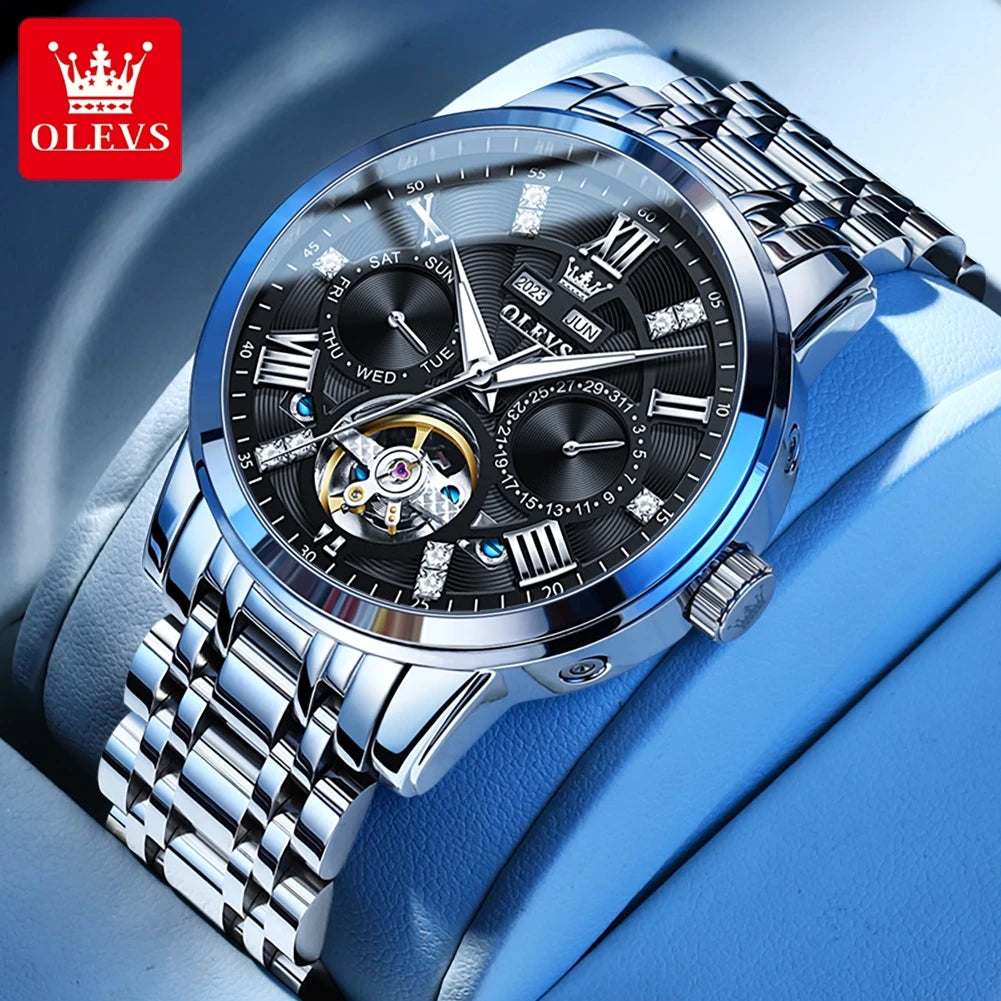 OLEVS montres pour hommes Skeketon volant automatique mécanique montre-bracelet originale pour homme étanche lumineux calendrier perpétuel
