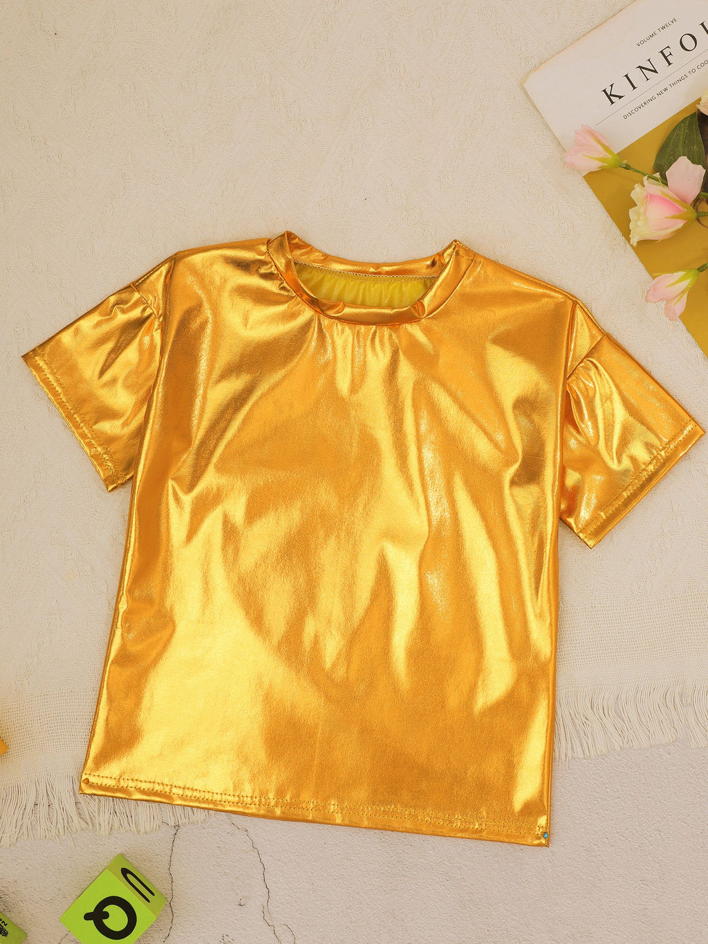 Children T-Shirt Shiny Metallic Short Sleeve Clothes Girl Boys Kids T-Shirt Hip Hop Jazz Dance Costume Top Performance Dancewear