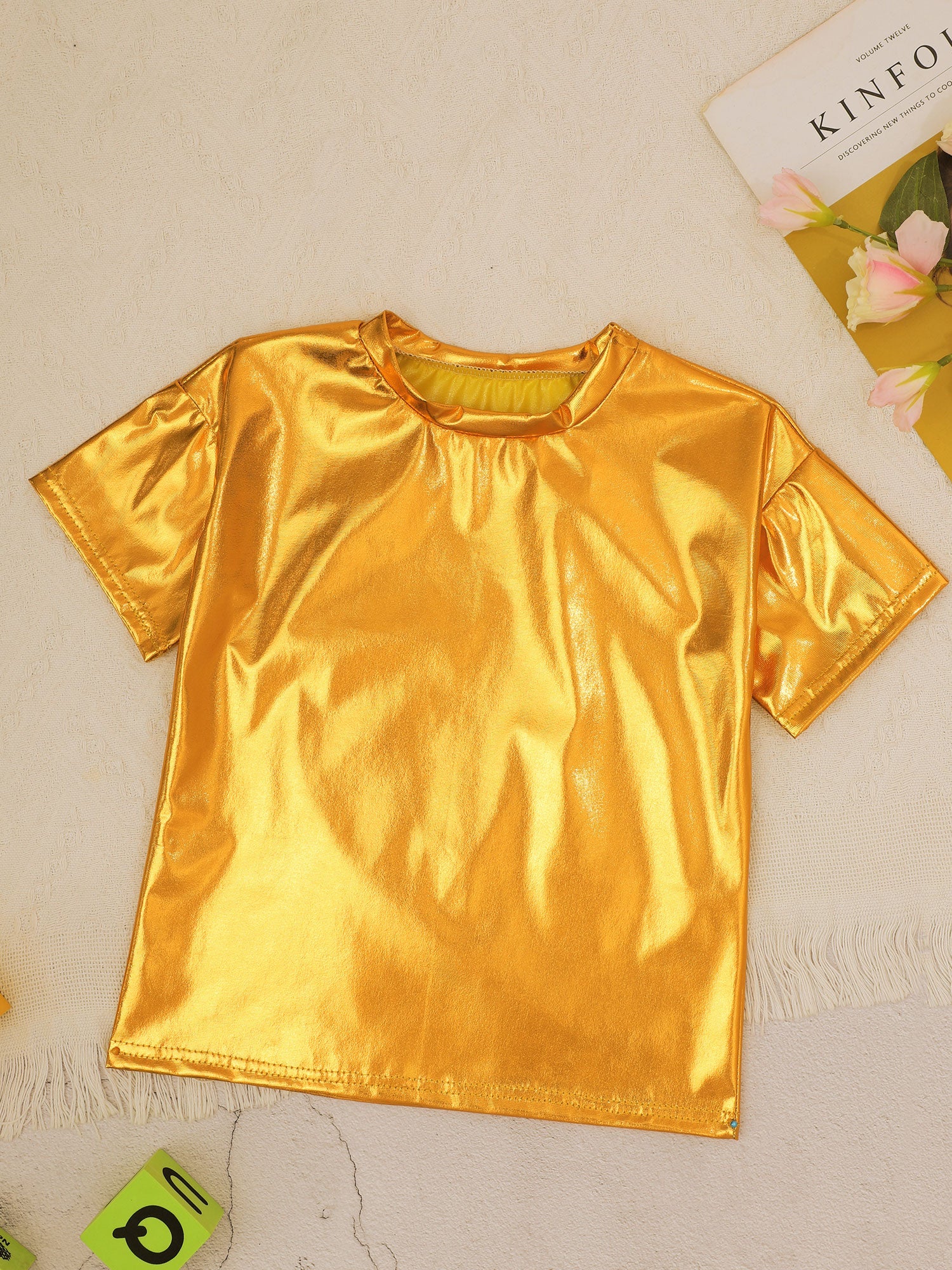 Children T-Shirt Shiny Metallic Short Sleeve Clothes Girl Boys Kids T-Shirt Hip Hop Jazz Dance Costume Top Performance Dancewear