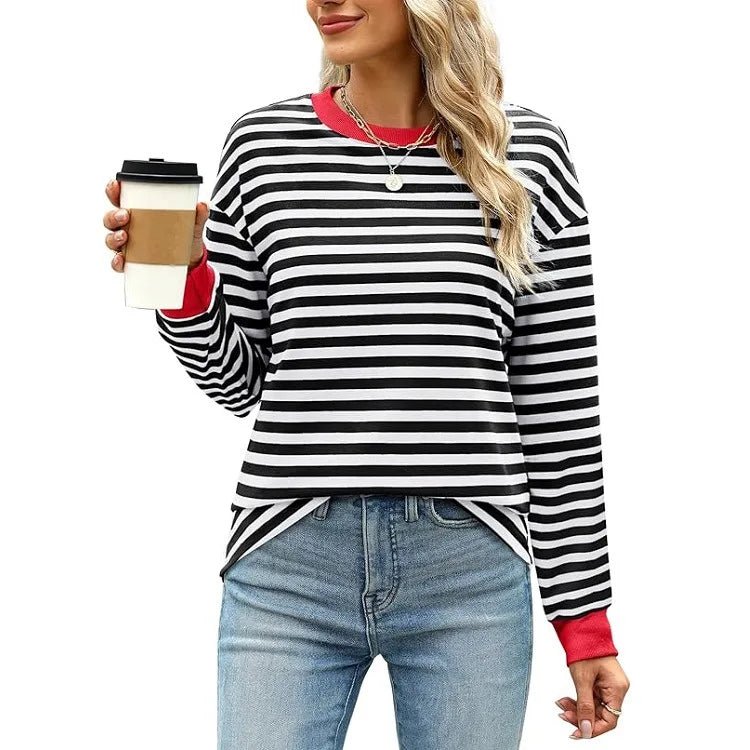2025 Spring Women's Striped T-shirt Long Sleeve O-neck Color-blocking Fashion Top Versatile College Casual Street Tees
