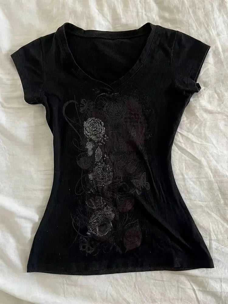 2026 American Vintage T-shits Women Short Sleeve Retro Bodycon Y2k Crop Top Office Lady Korean Fashion Harajuku Subculture Tees