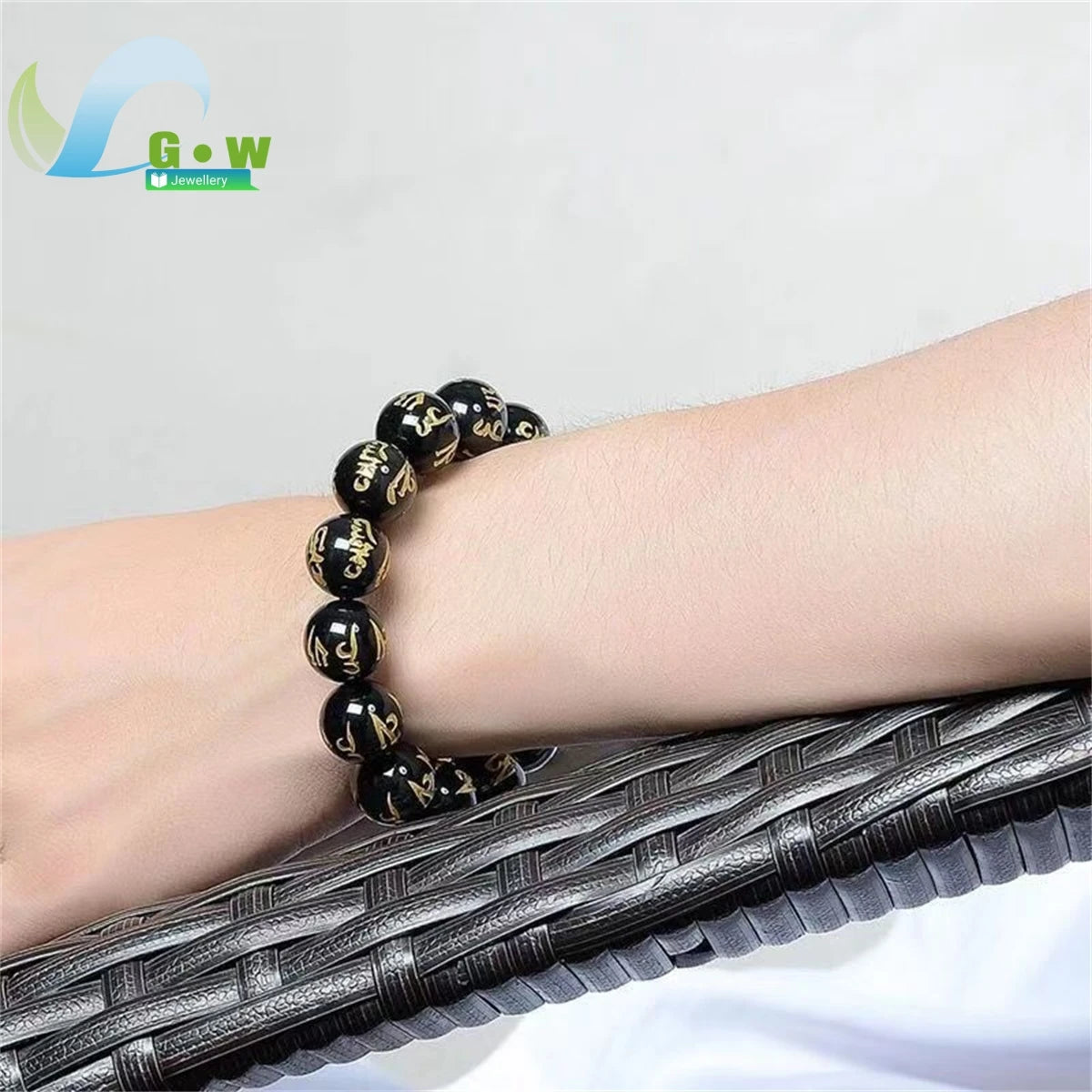 Lucky Natural Black Jade Carved Six-Character Motto Obsidian Transfer Bracelet For Men Women Gift Couple Bracelet Jewelry Gift