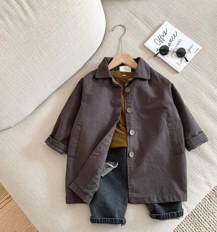 All Season Kids' Cotton Trench Coat Korean Style Unisex Mid Length Versatile Casual Top for Boys Girls