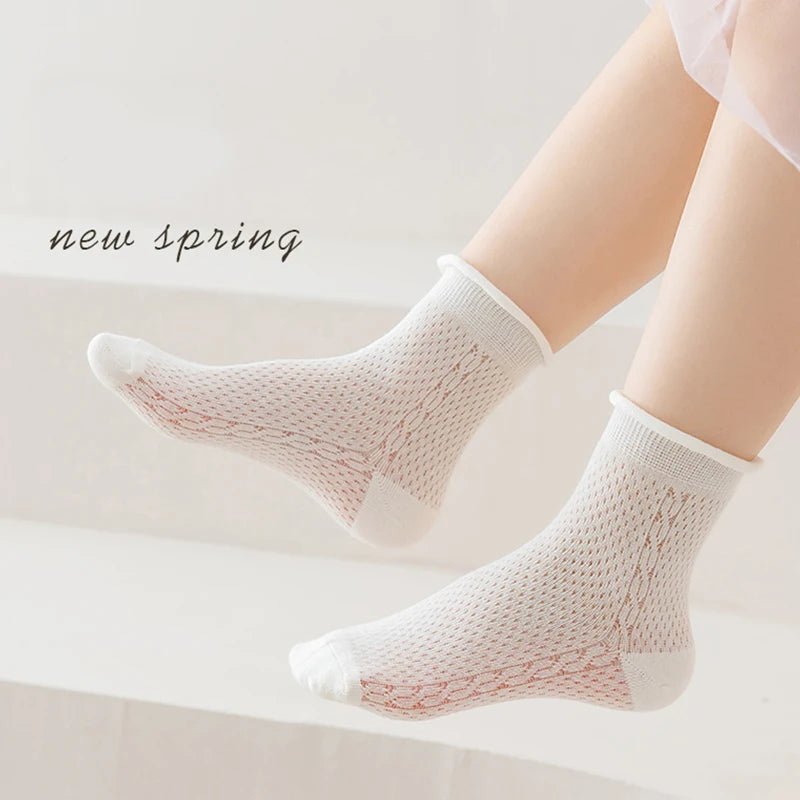 5 Pairs Color Solid Mesh Children Gils Mid-calf Socks Concise Trendy Casual Breathable Cotton Combed Cozy Soft Elastic Kids Sock