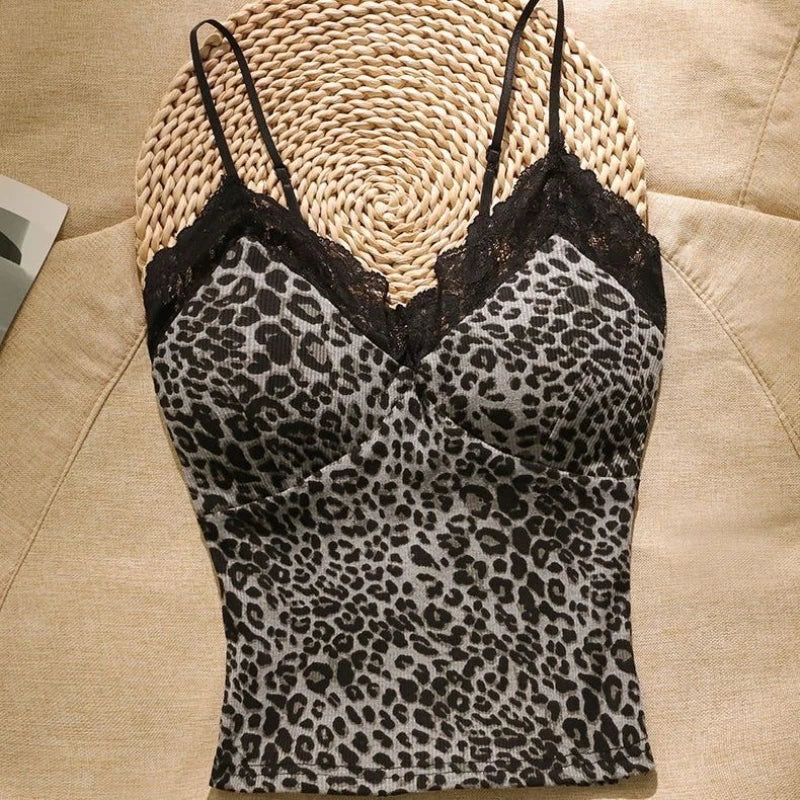 Leopard Lace Patchwork Sexy Camis Summer Y2k Beach Style Elegant Bodycon Korean Fashion Clothing 2000s American Vintage Tanks